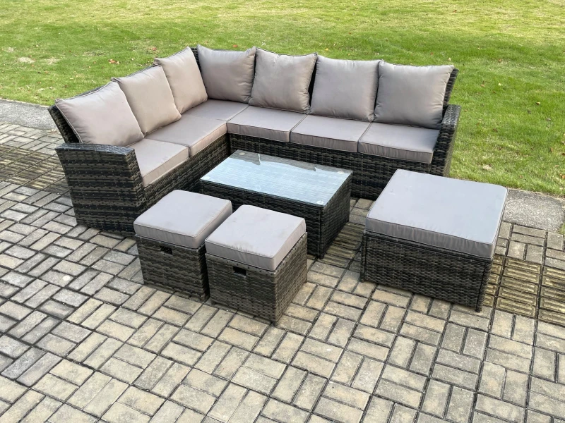 Image of Fimous 9 Seater High Back Outdoor Garden Furniture Set Rattan Corner Sofa Set With Rectangular Coffee Table Dark Grey
