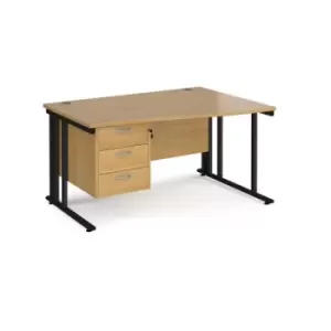 image of Office Desk Right Hand Wave Desk 1400mm With Pedestal Oak Top With Black Frame Maestro 25 MCM14WRP3KO