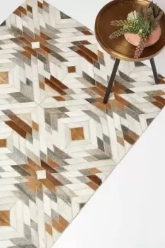Image of Cream & Brown Geometric Leather Rug, 90 x 150 cm