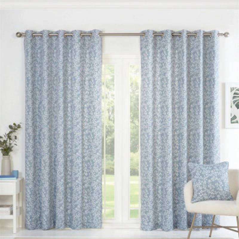 Image of Sundour Sade Fully Lined Ready Made Floral Eyelet Curtains Blue 90X72"