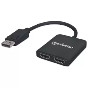 image of Manhattan DisplayPort 1.2 to 2-Port HDMI Splitter Hub with MST 4K@30Hz USB-A Powered Video Wall Function HDCP 2.2 Black Three Year Warranty Blister