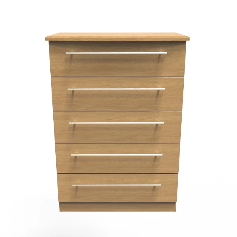 Image of Welcome Furniture Ready Assembled Edina 5 Drawer Chest - Oak, Brown SHE012O