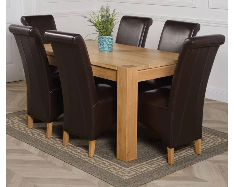Image of Thats Furniture Kuba 150 x 85cm Chunky Medium Oak Dining Table & 6 Montana Leather Chairs in Brown Size: 150 x 85cm Brown Unisex 150 x 85 cm