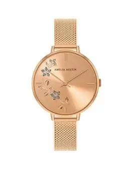 Image of Amelia Austin Floral Ladies Rose Gold Stainless Steel Mesh Clear Stone Set Etched Dial Watch, Rose Gold, Women