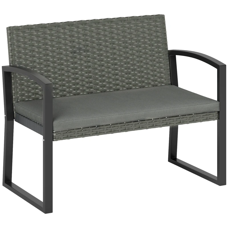 Image of Outsunny 2 Seater Rattan Garden Bench with Cushion, Steel Frame, Dark Grey Mid Grey