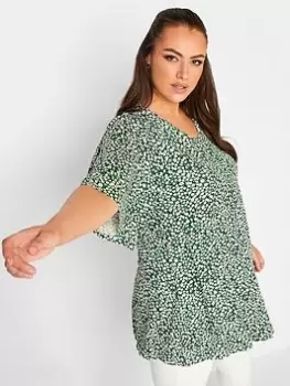 Image of Yours Ditsy Flower Print Pleat Angel Sleeve Swing T-Shirt, Green, Size 18, Women