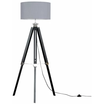 Modern Wooden Tripod Floor Lamp with a Cotton Light Shade - Grey