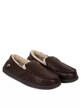 Image of TOTES Distressed Moccasin Slippers with Check Sock Interior, Chocolate, Size 11, Men
