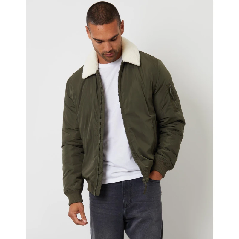 Image of Threadbare Threadbare Men Borg Collar Bomber Jacket in Khaki Size: Medium Khaki M Male 7625915182417