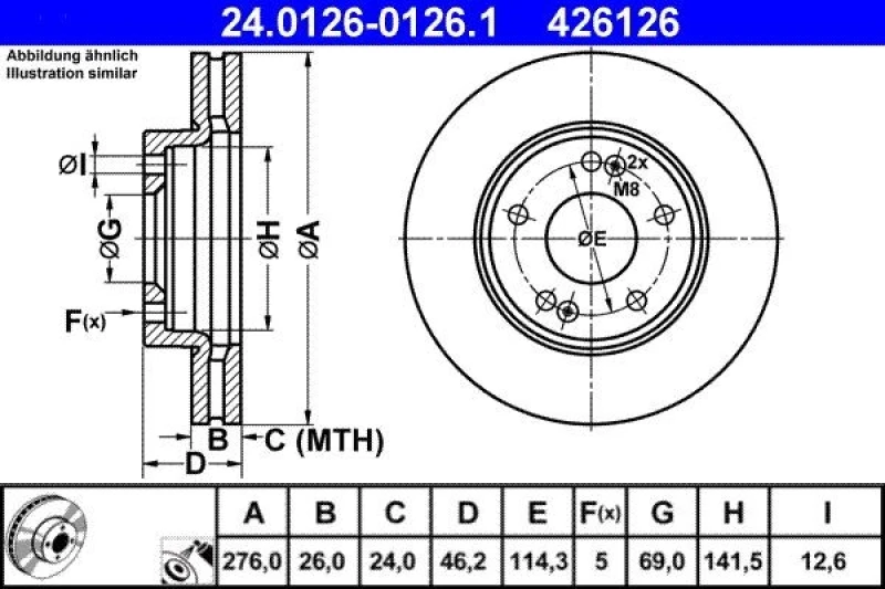 Image of ATE 24.0126-0126.1 Brake disc Vented, Coated Brake Disc (82)