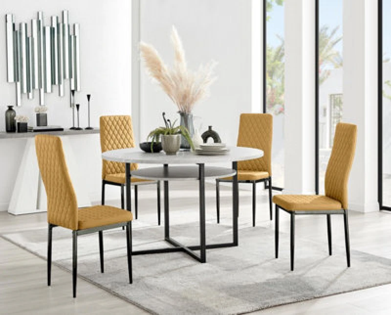 Image of FurnitureboxUK FurnitureboxUK Adley Grey Concrete Effect And Black Round Dining Table with Shelf and 4 Velvet Milan Dining Chairs in Mustard Mustard O