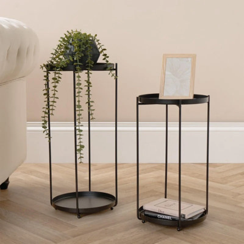 Image of OHS OHS Set of 2 Side Tables Metal Round Living Room Office Modern Home Decor Nightstand in Black One Size Unisex 5027434198382