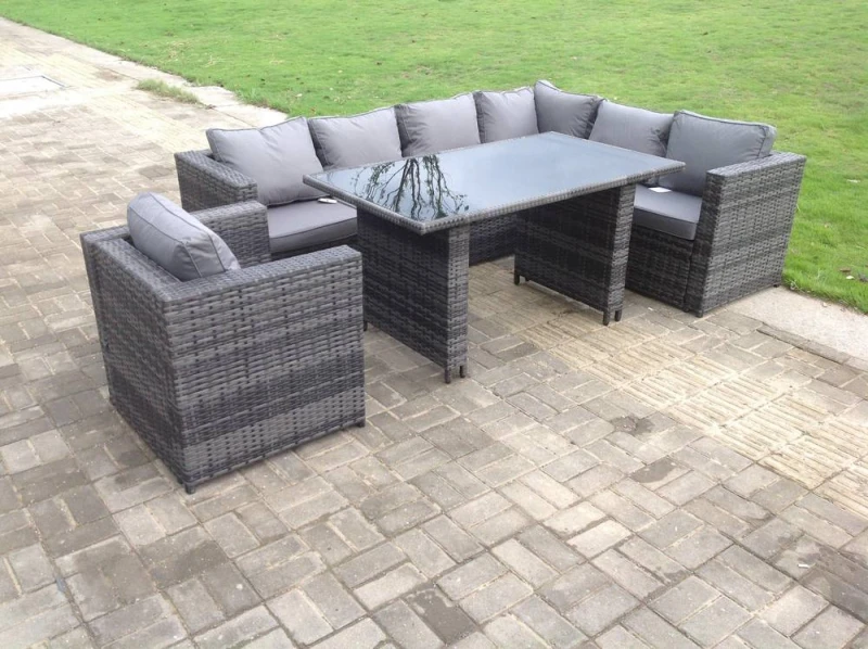 Image of Fimous Lounge Rattan Corner Sofa Set Outdoor Garden Furniture Rectangular Dining Table Chair Dark Grey