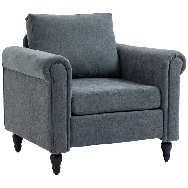 image of HOMCOM Upholstered Accent Chair for Living Room Vintage Armchair Rolled Arms Grey