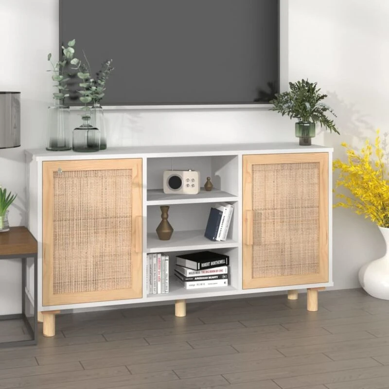Image of Vidaxl Sideboard White 105X30X60 Cm Solid Wood Pine And Natural Rattan, White 345639
