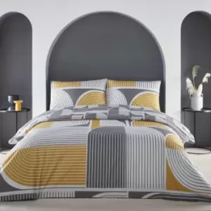 image of Style Kali Geometric Print 100% Cotton Reversible Duvet Cover Set, Ochre/Grey, Double - Appletree