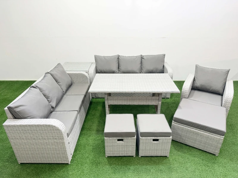 Image of Fimous 10 Seater Poly Rattan Outdoor Garden Furniture Rectangular Dining Table Sofa Set Patio 3 Seater Sofa Reclining Chair 3 Seater Sofa 3 Stools Sid