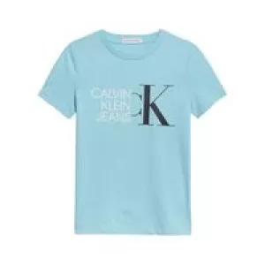Image of Calvin Klein Jeans Boys Hybrid Logo Fitted T-Shirt - Bright Sky - 16 Years