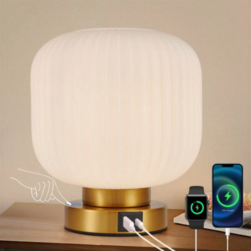 Image of Harper Living Table Lamp With Usb-C & Usb-A Charging Ports, Touch Control Dimmable E27 Desk Lamp, Cream Glass Shade