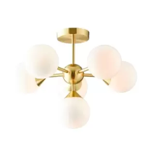 image of Semi Flush Ceiling Light Satin Brass Plate & Gloss White Glass 6 x 18W G9