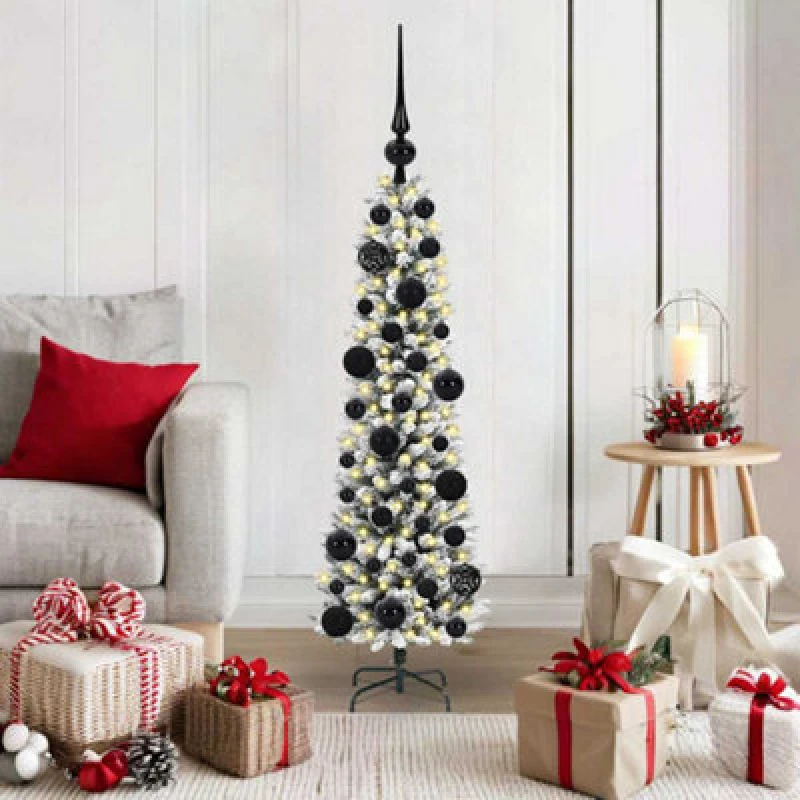 Image of vidaXL Artificial Christmas Tree with 150 LEDs, Black Balls Green and white 120 cm, Green 3396082