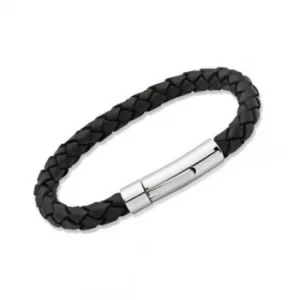 image of Unique Stainless Steel 23cm Black Leather Bracelet A40BL/23CM