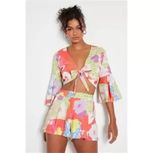 Image of I Saw It First Pink Printed Knot Front Flared Sleeve Top - Pink
