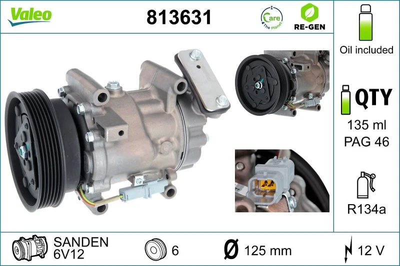 Image of VALEO 813631 AC Compressor REMANUFACTURED, PAG 46, Refrigerant: R134a, with PAG compressor oil Compressor,air conditioning (447)