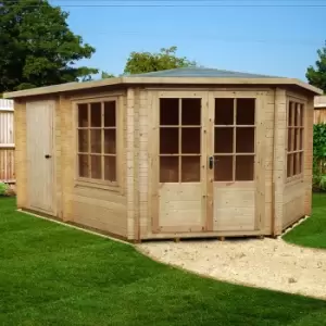 image of Shire Leygrove 4.3m x 3m Corner Log Cabin Summerhouse with Side Shed (28mm)