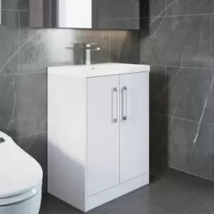 image of Hudson Reed Juno Floor Standing 2-Door Vanity Unit with Basin 1 600mm Wide - White Ash