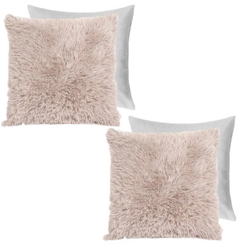Image of OHS OHS Set of 2 Fluffy Shaggy Square Filled Cushion Covers in Natural Size: 45cm x 45cm Natural 45cm x 45cm Unisex 5027434214815