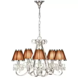 image of Esher Ceiling Pendant Chandelier Nickel Crystal & Brown Shades 5 Lamp Light