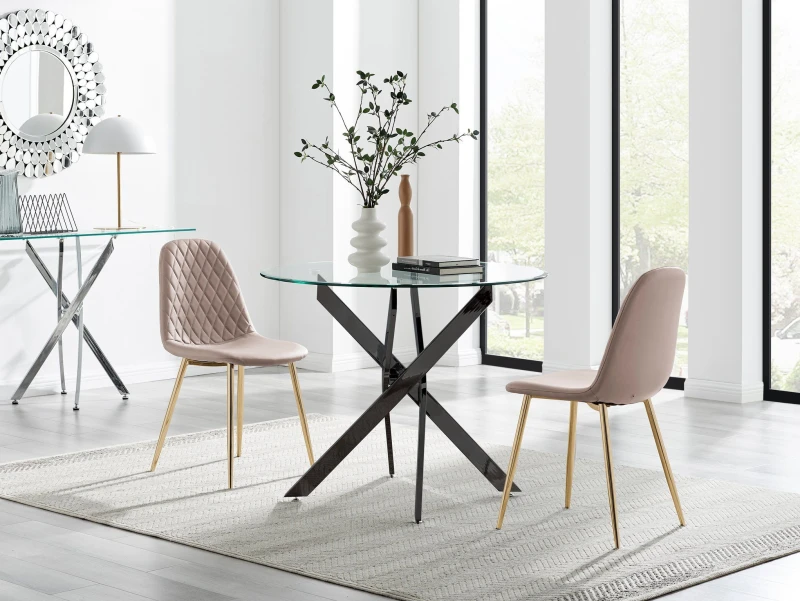 Image of FurnitureboxUK FurnitureboxUK Novara 100cm Round Black Leg Dining Table & 2 Corona Gold Chairs in Beige Beige One Size Unisex 5056784304556