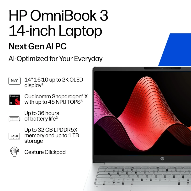 Image of HP OmniBook 3 Laptop Next Gen AI 14-hz0001nax Copilot+ PC 35.6cm (14") 2K 16GB LPDDR5x-SDRAM 256GB SSD WiFi 6E (802.11ax) Windows 11 Home D8XC0