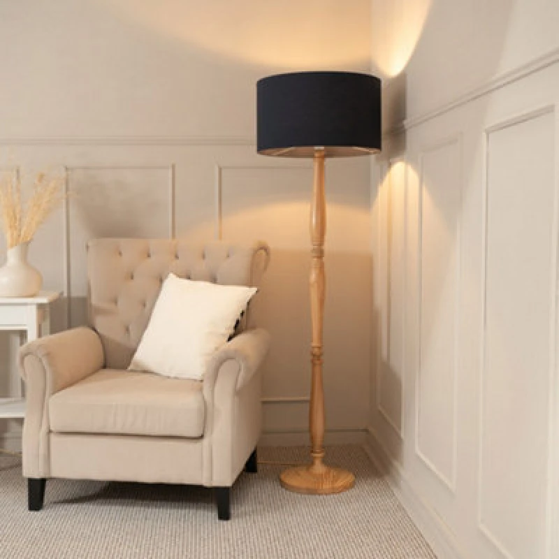 Image of ValueLights Victoria Light Wood Traditional Stem Floor Lamp with Fabric Drum Shade Charcoal