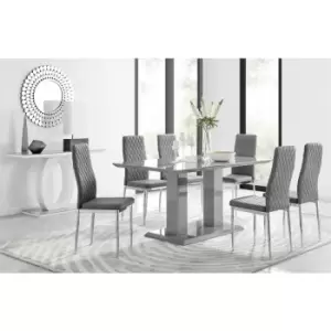 Image of Furniturebox UK - Furniturebox Imperia 6 High Gloss Grey Modern Dining Table and 6 Grey Milan Faux Leather Dining Chairs With Silver Legs Diamond