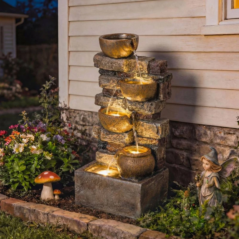 Image of OUTSUNNY Outdoor Fountain with LED Lights, Cascading Waterfall Feature in Brown Brown Unisex