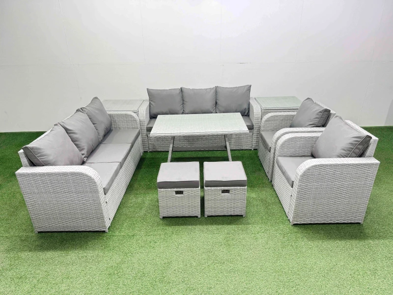 Image of Fimous Rattan High Back Lounge Sofa Set Patio Dining Table & Chairs Set With 2 Side Tables 2 Small Stool Light Grey