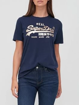 Image of Superdry Vintage Logo Sparkle Tee - Navy, Blue, Size 12, Women