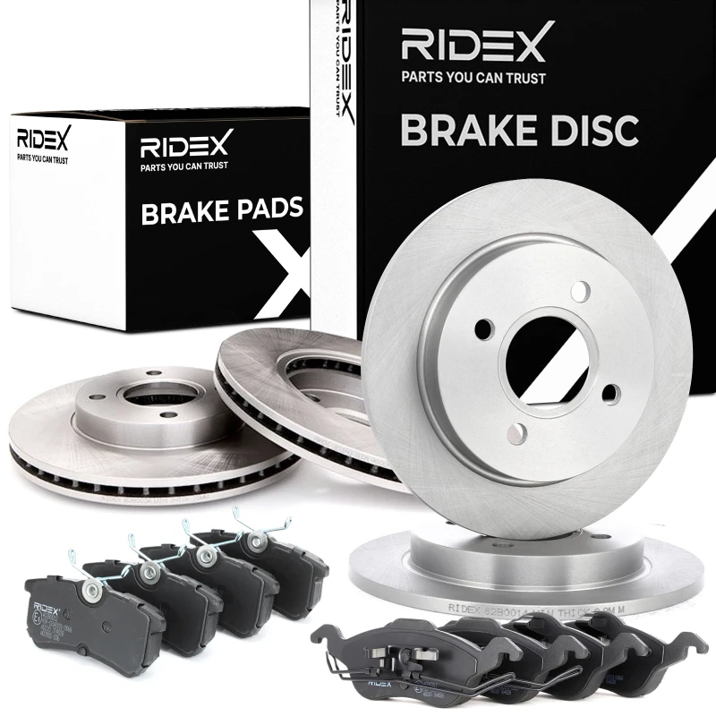 Image of RIDEX 3405B0316 Brake disc and pads set Rear Axle, Brake Disc Type: Solid, not prepared for wear warning indicator Brake Set,disc brakes (3405)