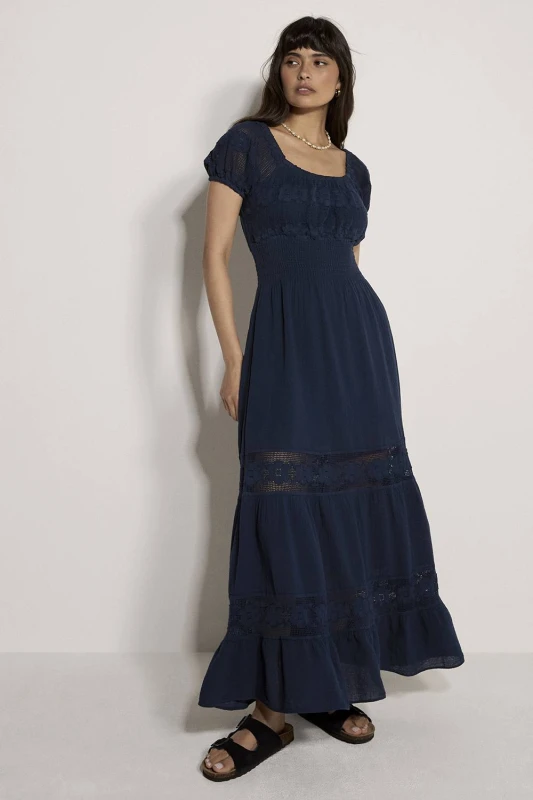 Image of Apricot Womens Floral Lace Cotton Milkmaid Maxi Dress in Navy Size: 8 Navy Female 8
