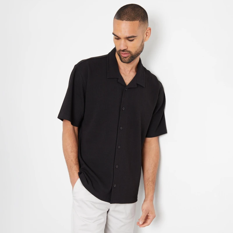 Image of Threadbare 'Galahad' Textured Revere Collar Short Sleeve Shirt Black male