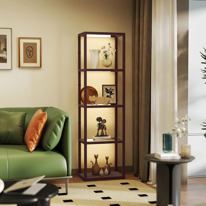 Image of HOMCOM HOMCOM LED Floor Lamp with Glass Shelves, Dimmable Living Room Lamp, Brown in Dark Brown Dark Brown One Size Unisex 5063603248069