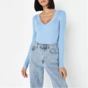 Missguided Rib Knitted V Neck Body - Blue