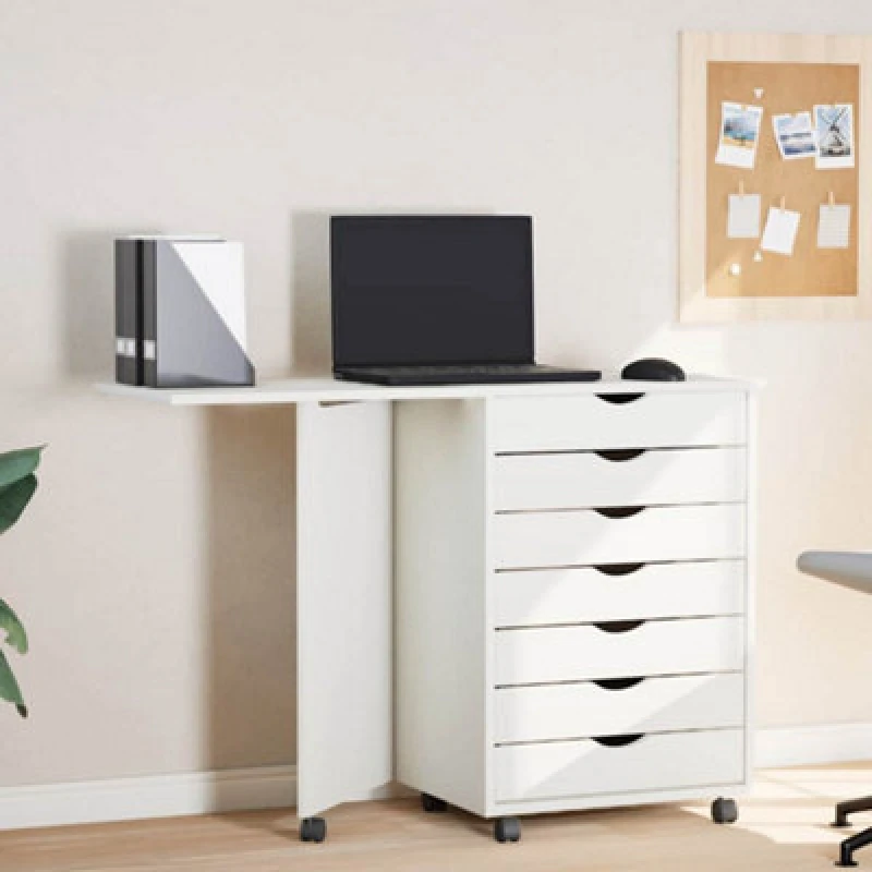 Image of vidaXL Rolling Cabinet With Desk Moss White Solid Wood Pine, White 355901