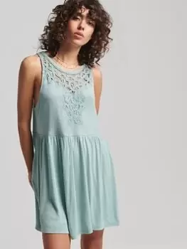 Image of Superdry Vintage Linen Mix Lace Yoke Dress - Green, Size 12, Women