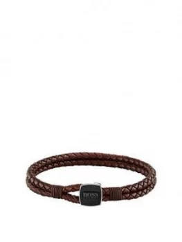 image of Boss Seal Braided Brown Leather Band With Logo Stainless Steel Clasp