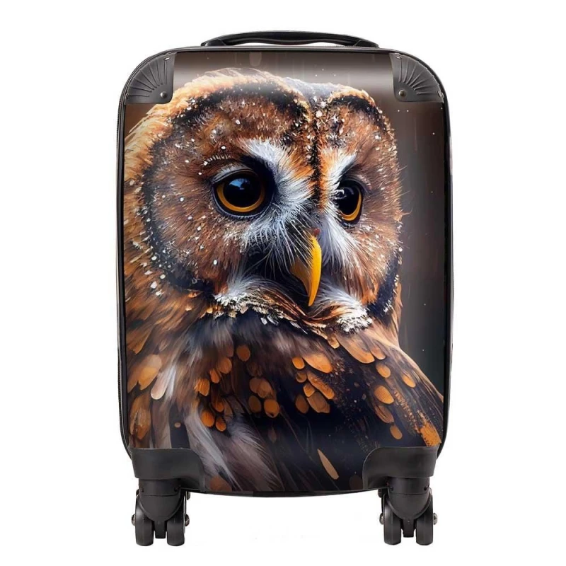 Image of Warren Reed - Designer Tawny Owl Face Splashart Dark Background Suitcase in Brown Size: Small Brown Unisex Small