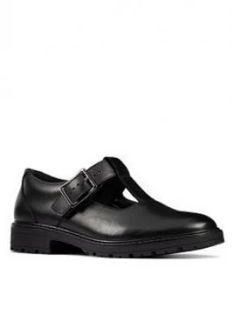 Image of Clarks Youth Loxham Shine T-Bar School Shoe - Black Leather, Size 6.5 Older