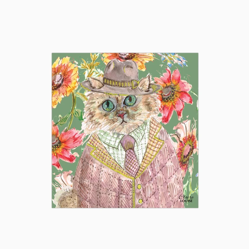 Image of Claire Louise Cottage Floral Cat Glass Kitchen Splashback Size: 600mm x 600mm Multicolor Unisex 600mm x 600mm